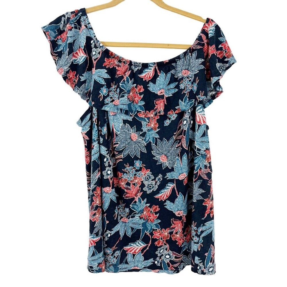 J. Jill Love‎ Linen Navy Blue Red Floral Top Ruffle Tiered - Women's Size XL